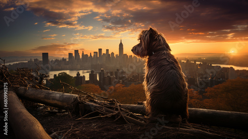 A shaggy dog sits in front of a fallen log, looking towards a city skyline illuminated by a setting sun with clouds in the sky photo
