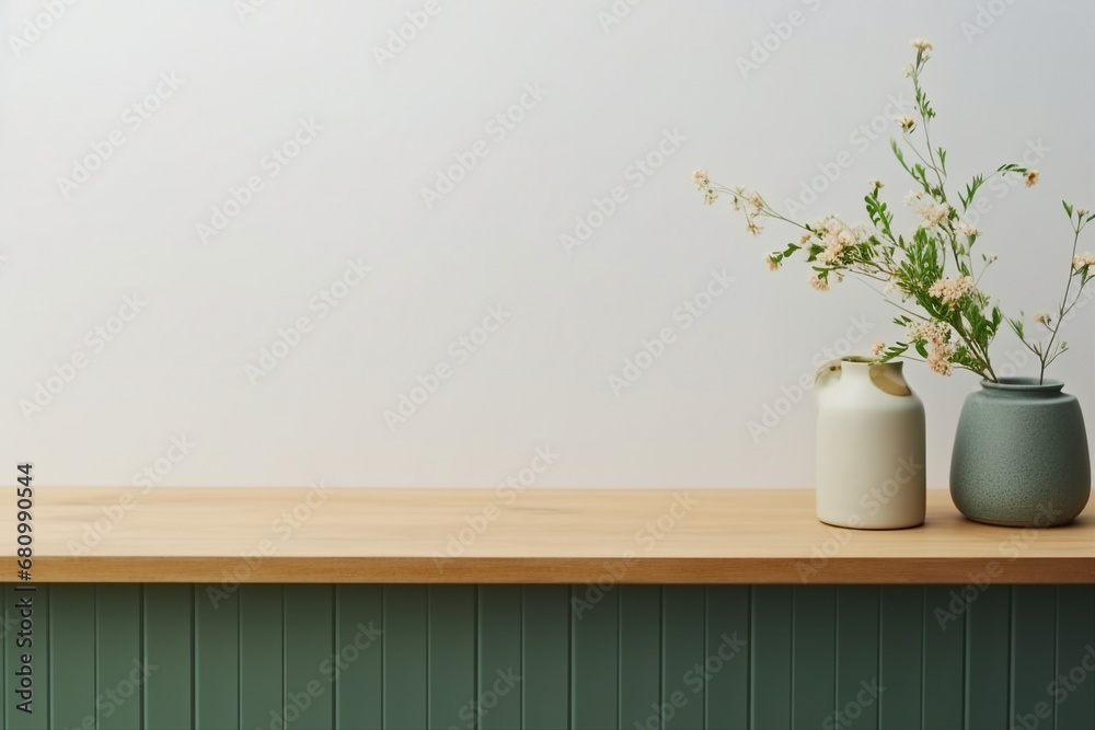 Minimal cozy counter mockup design for product presentation background. Branding in Japan style with wood top green counter and warm white wall. Kitchen interior. generative ai. - obrazy, fototapety, plakaty 