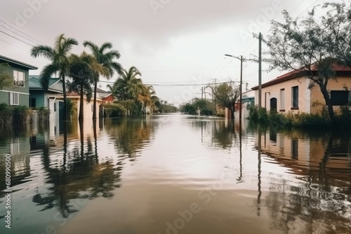 Flooded island streets. Heavy rains overflowing water impact. Generate ai