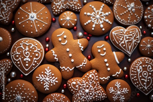 Gingerbread cookies, meticulously adorned and shaped into various forms, creating festive background wallpaper © Radmila Merkulova