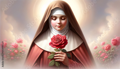 The Little Flower's Gentle Embrace: Saint Thérèse with a Red Rose Illustration.