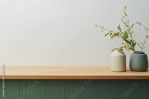 Minimal cozy counter mockup design for product presentation background. Branding in Japan style with wood top green counter and warm white wall. Kitchen interior. generative ai. © SEUNGJIN