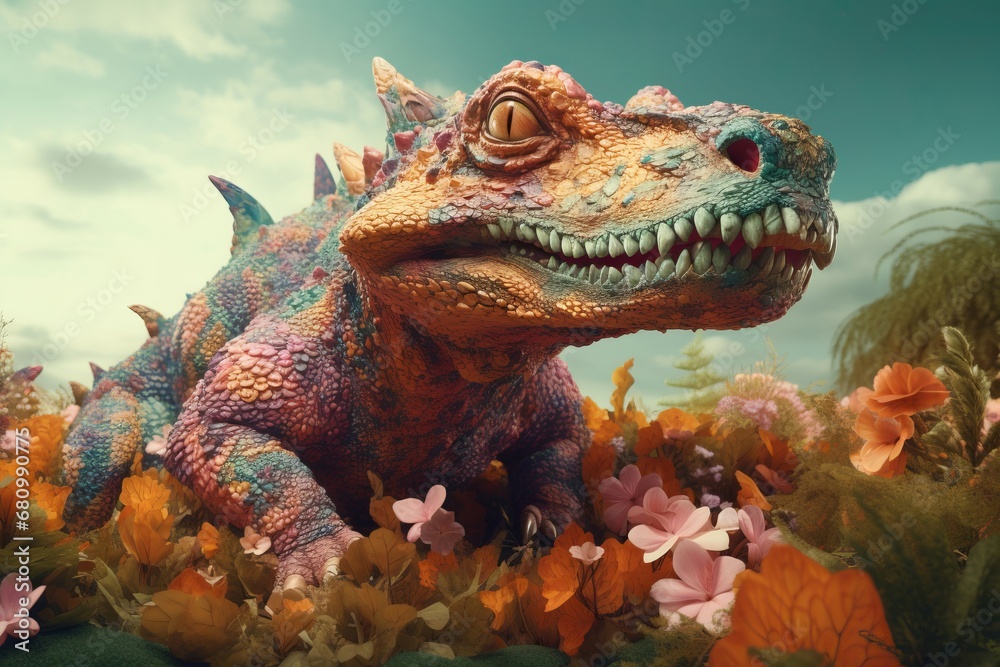 Floral colorful decoupage of surreal cryptid. Art of adhering wild dinosaur animal. Generate ai