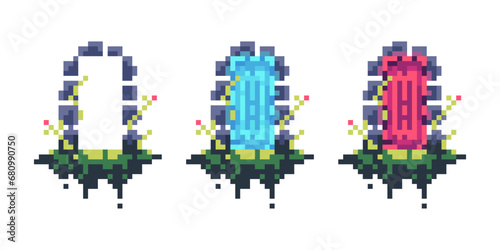 Pixel portals set. Magic fantasy glowing door icons, 8 bit video game asset sprite rpg elements. Vector collection