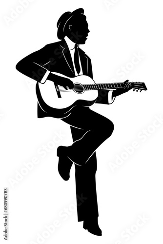 Silhouette of man playing on acoustic guitar. Vector clipart isolated on white.