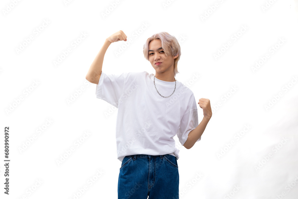 Raise both arms up to show off your muscles. blank template t shirt. asian man with white t shirt and pointing hand up. Fashion. Young male model blond hair isolated on white background Raise both arms up to show off your muscles. blank template t shirt. asian man with white t shirt and pointing hand up. Fashion. Young male model blond hair isolated on white background