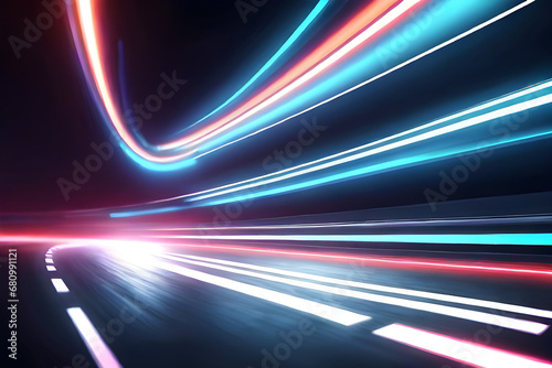 Blurred neon lights background. Futuristic race track lights in motion blur style. Futuristic night backdrop.