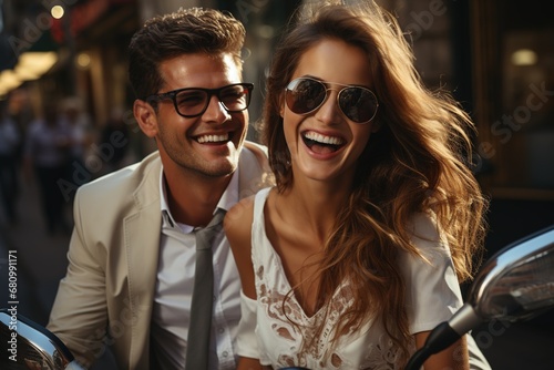 portrait of couple in sunglasses riding a motorcycle