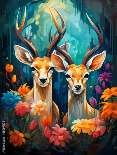 Two Deer With Antlers Surrounded By Flowers - Two female Lesser Kudu Antelopes