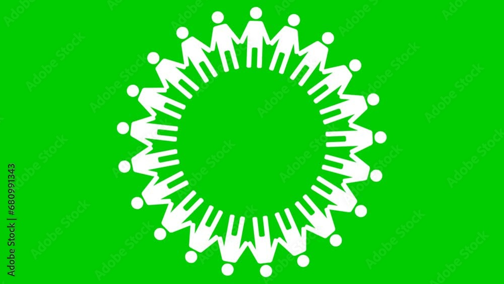 Animated white circle of people turns around. Symbols of people are holding hands. Concept of social, teamwork, connection, communication, society. Looped video. Vector illustration isolated on green Animated white circle of people turns around. Symbols of people are holding hands. Concept of social, teamwork, connection, communication, society. Looped video. Vector illustration isolated on green