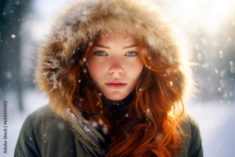 Generative AI illustration of portrait of redhead female with green eyes and wavy hair in casual warm clothes standing and looking at camera against blurred background in snowy day in winter Generative AI illustration of portrait of redhead female with green eyes and wavy hair in casual warm clothes standing and looking at camera against blurred background in snowy day in winter