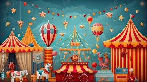 Circus vintage illustrations animals, elephant, tiger, clown for retro poster background