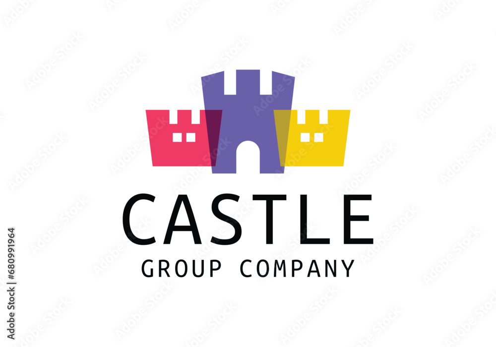 castle fortress overlapping color logo design illustration template