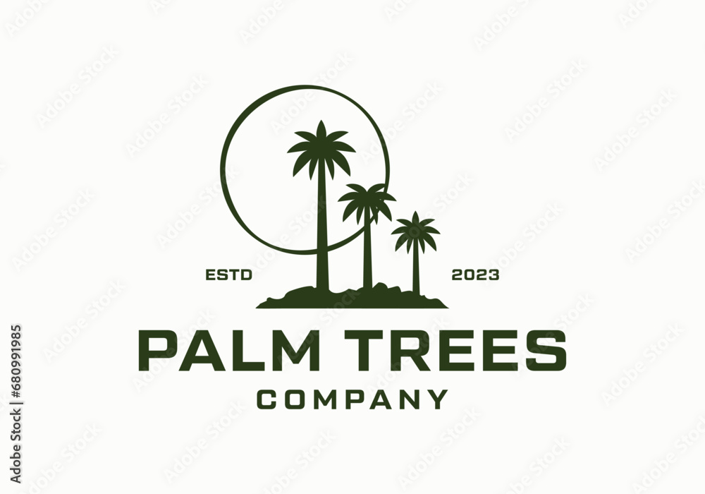 Obraz premium Tropical palm tree vintage logo design illustration template