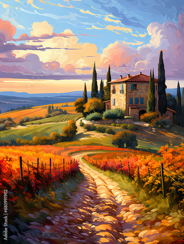 A Painting Of A House In A Field Of Flowers - Typical tuscan Farmhouse
