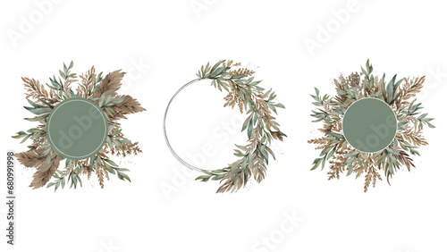 Set of Round Frames with Wreath of Dried Flowers, Pampas Grass, Branches and Leaves. Designs for Wedding Invitations, Logos, Greeting Cards. Vector photo