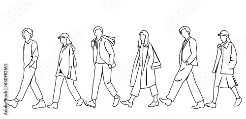 Vector silhouettes of men and women walking, linear sketch, profile, people, black color,  isolated on white background