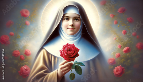 Graceful Saint Thérèse Illustration: The Little Flower with a Red Rose. photo