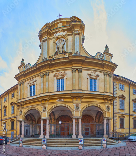 The facade of San Savino Church, Piacenza, Italy photo