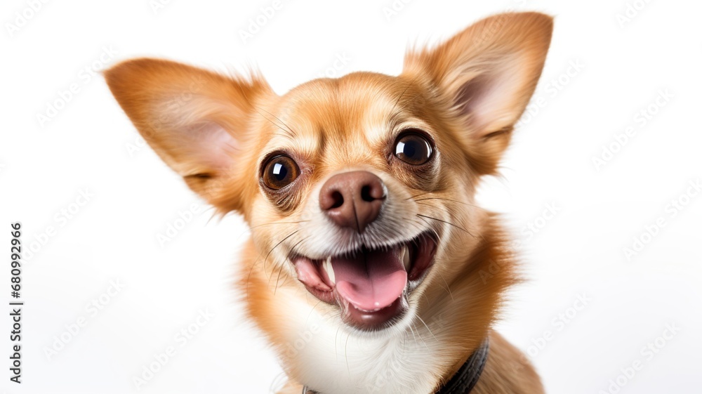 A funny playful dog with his head up looking at the camera, isolated on white background. Generative AI A funny playful dog with his head up looking at the camera, isolated on white background. Generative AI