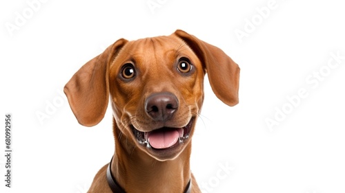 A funny playful dog with his head up looking at the camera  isolated on white background. Generative AI 