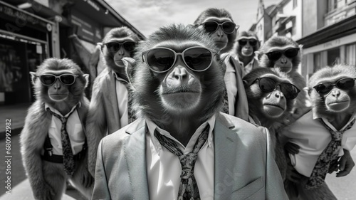 A group of monkeys wearing sunglasses and walking around the city, Generative AI