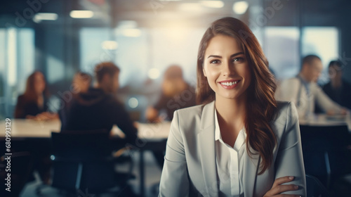 Successful Business woman boss sitting in a boardroom with her team on Defocused Bokeh flare office background photo