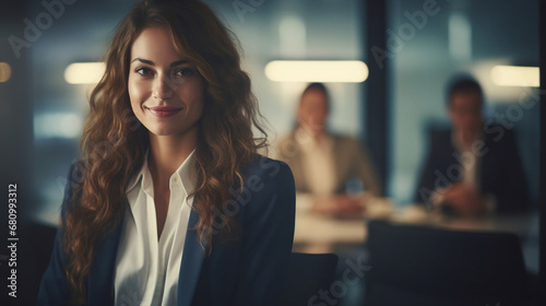 Successful Business woman boss sitting in a boardroom with her team on Defocused Bokeh flare office background