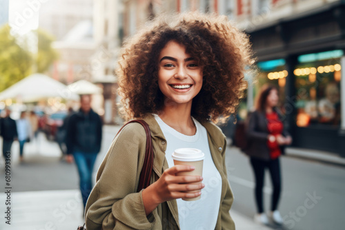 Portrait of beautiful smiling woman walking city street with coffee cup in hands.  photo