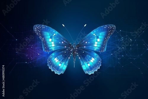 Digital butterfly in a futuristic polygonal style on a blue background. Converting binary code into a butterfly, metamorphosis of renewal or transformation. bringing business ideas, Generative AI