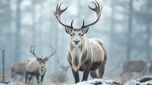 Rudolph the reindeer in a snowy winter setting.