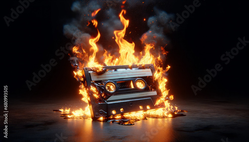 Burning audio cassette tape, all up in flames, isolated on a black background, symbolising the outdated technology of a bygone era photo
