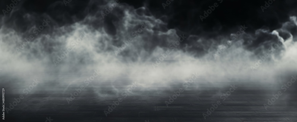 Smoke on floor, fog effect over surface, white cloud, perspective overlay element. Transparent dust above ground - silhouette of scene with atmosphere, Generative AI - obrazy, fototapety, plakaty 