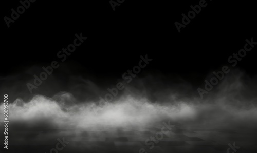 Smoke on floor, fog effect over surface, white cloud, perspective overlay element. Transparent dust above ground - silhouette of scene with atmosphere, Generative AI photo