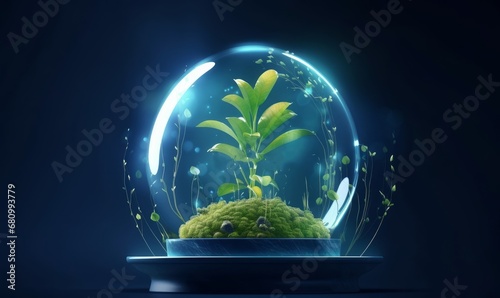 Dome protects the plant. The concept of environmental protection. Futuristic sprout  illustration, Generative AI photo