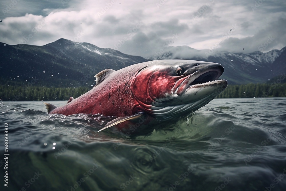 Fototapeta premium Big salmon swimming in the lake on the background of mountains and clouds. Big salmon in the water. Big salmon in the wild. Trout in the water.