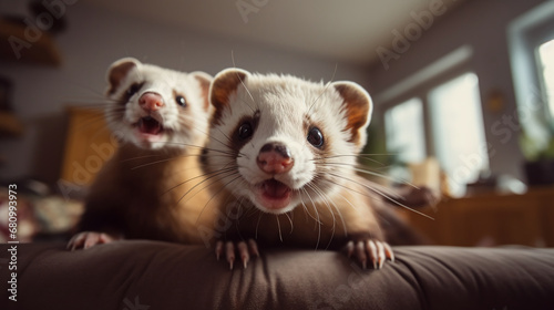 A pair of lively ferrets playing with their owner in a joyful moment photo