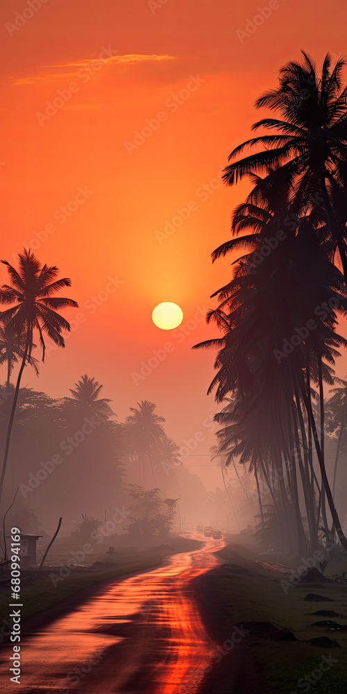 Obraz premium The road leading to a sunset with palm trees, exotic digital art