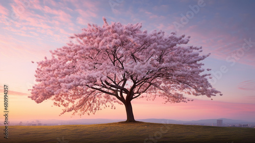 Arbre rose au milieu d'un paysage, ciel rose, coucher de soleil et herbe. Nature, printemps, été. Espace et fond pour conception et création graphique. © FlyStun