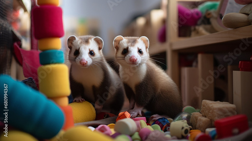 A pair of playful ferrets having a fun-filled day