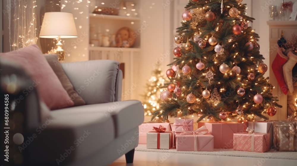 Warm Christmas evening in a living room with a beautifully decorated tree and presents. Cozy holiday ambiance with sparkling lights and elegant tree decorations.