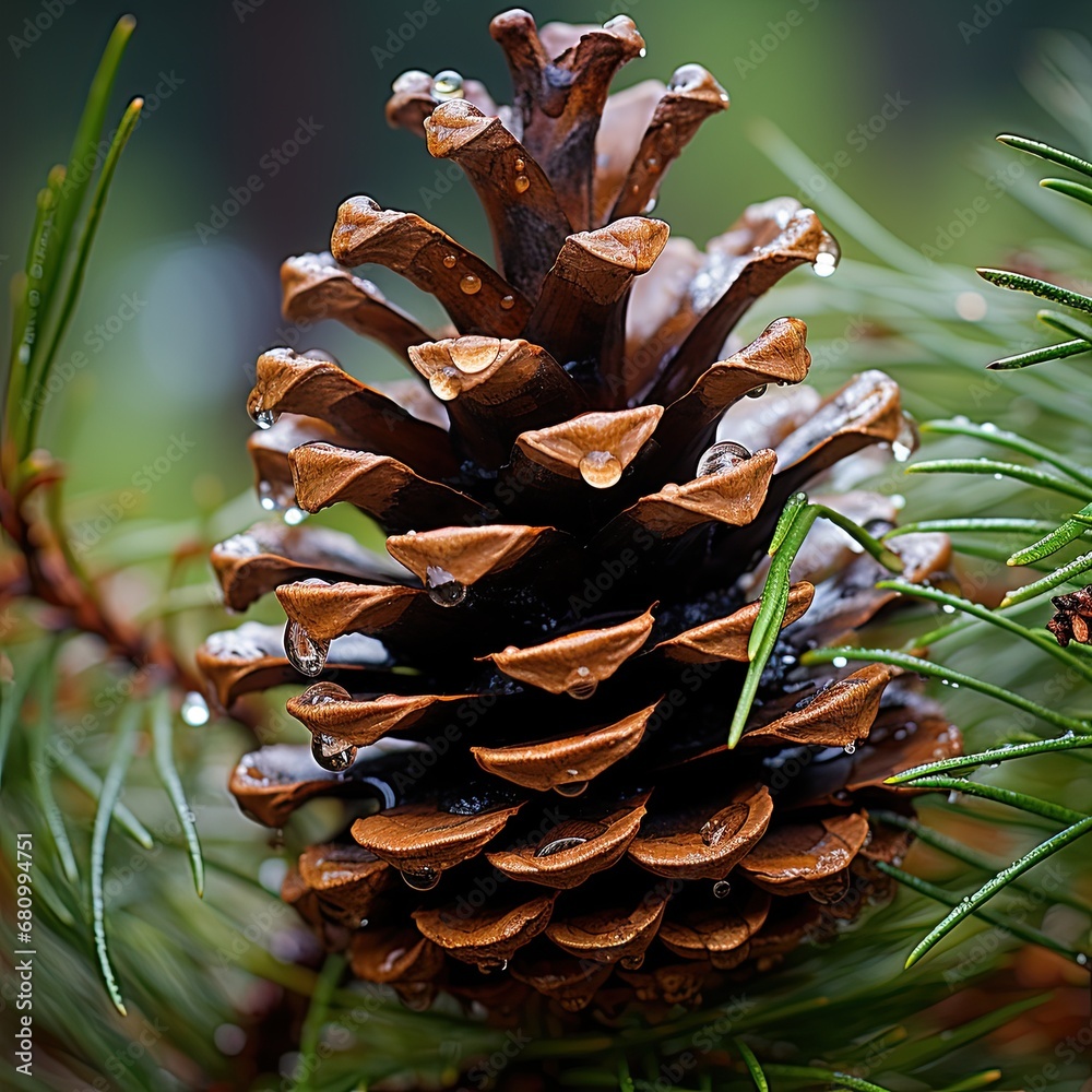 Pinecone with droplets of water in a natural and detailed macro ...