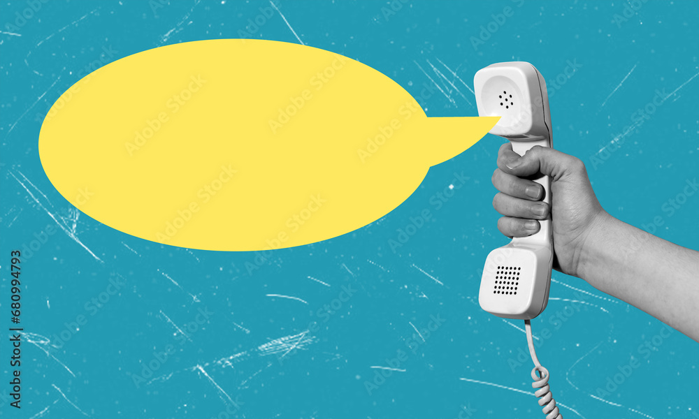custom made wallpaper toronto digitalCreative composition photo art collage of a hand holding a telephone receiver and a message bubble on a blue background.