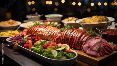 Restaurant buffet line with an assortment of meats, fruits, and vegetables.