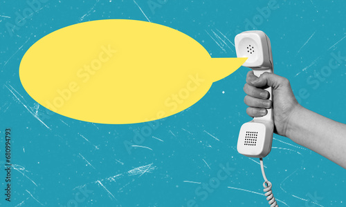 Creative composition photo art collage of a hand holding a telephone receiver and a message bubble on a blue background.