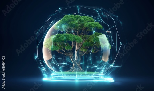 Glass dome as tree protection in digital futuristic polygonal style. Glowing growth shielded from the environment by a force field concept of investment in the agricultural  Generative AI