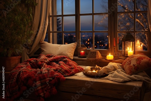 Peaceful winter evening indoors with candles and a cozy blanket. Comforting and warm indoor setting with a rustic window view of city lights.