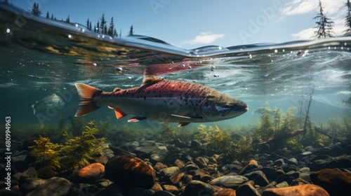 Salmon fish swim in the white-water rivers of northern territory, or Alaska. Brown trout, underwater photo, preparing for spawning in its natural river habitat, shallow depth of field photo