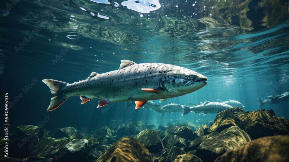 Salmon fish swim in the white-water rivers of northern territory, or Alaska. Brown trout, underwater photo, preparing for spawning in its natural river habitat, shallow depth of field