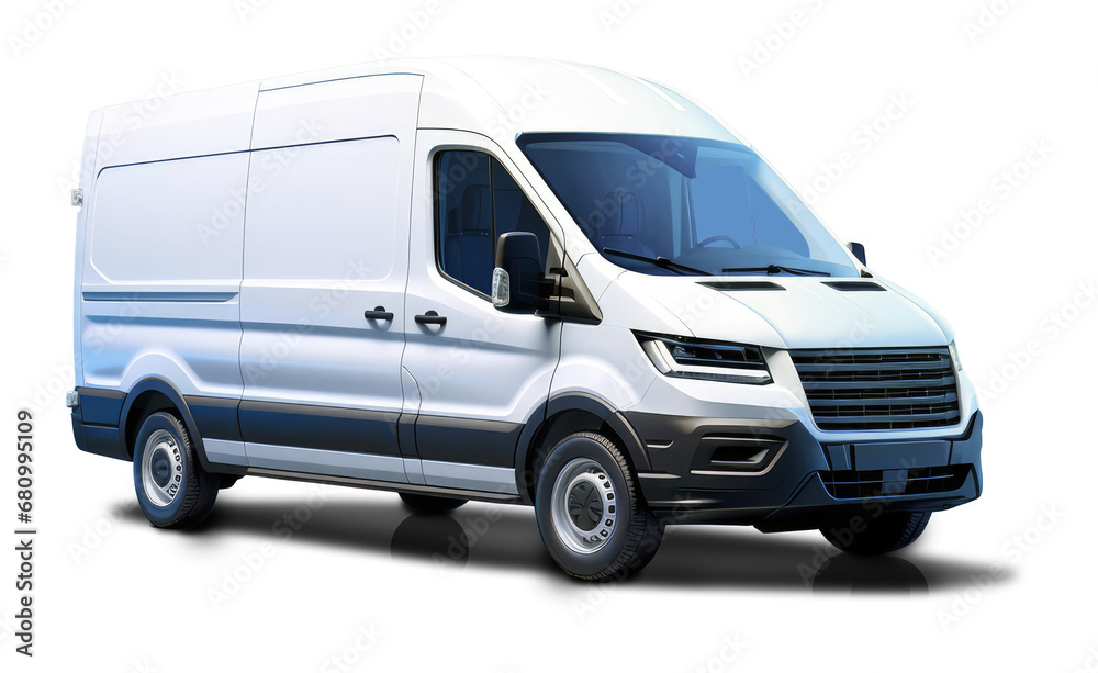 Modern fictional white cargo van front right side corner angle view, isolated